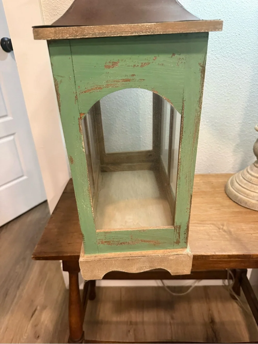 Farmhouse Wooden Lantern Distressed Green Glass Candle Holder Rustic Decor